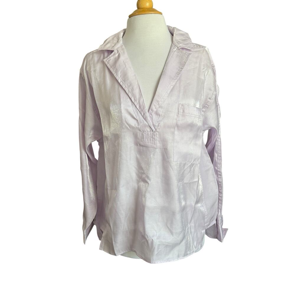 NEW Pilcro Anthropologie Dreamcore Shine Henley Long Sleeve Blouse Lilac Medium - Picture 5 of 11